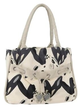 Authentic CHANEL vintage mini beige black Surfline canvas tote